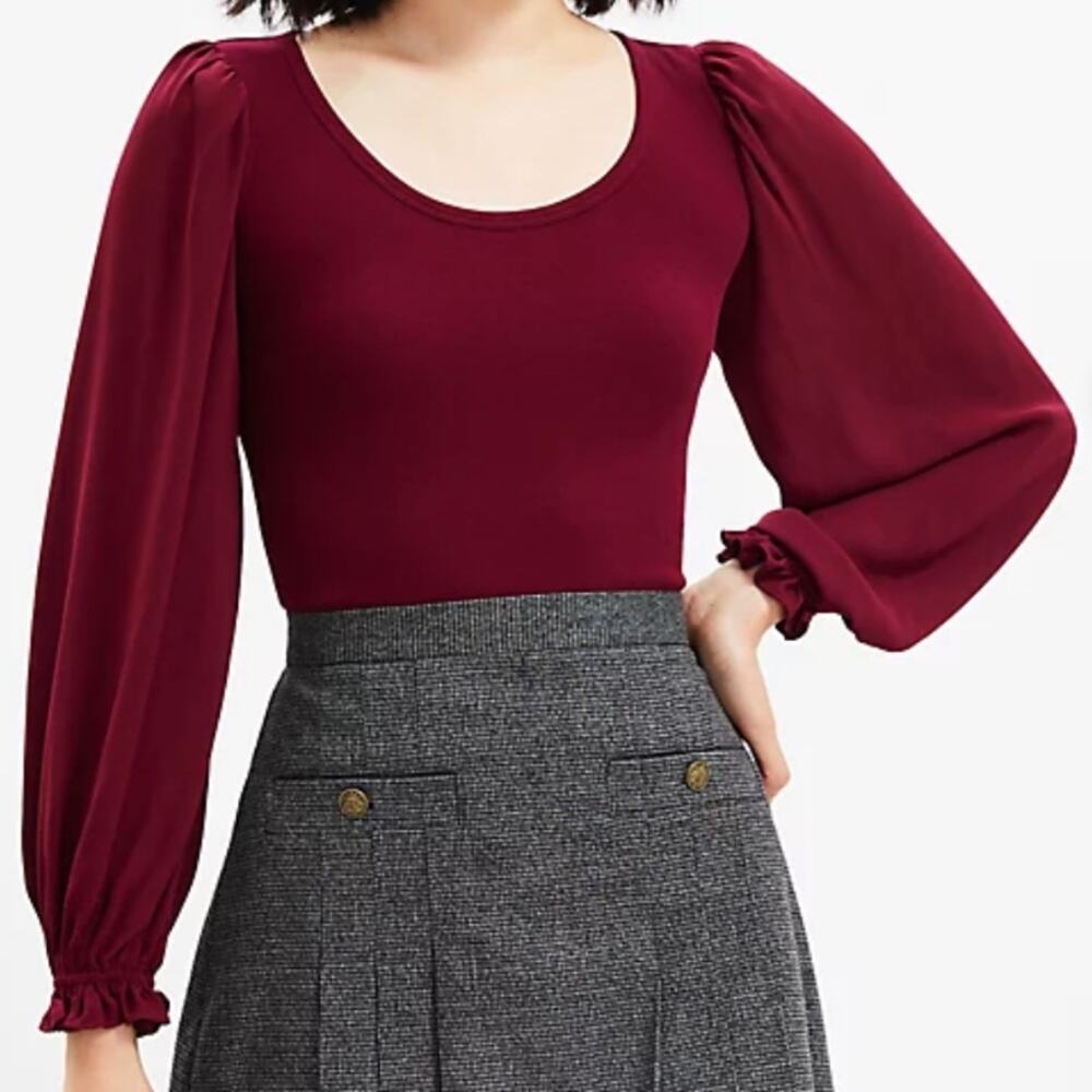 Ann Taylor LOFT Draped Sleeve Mixed Media Top, Magical Plum, Size Medium